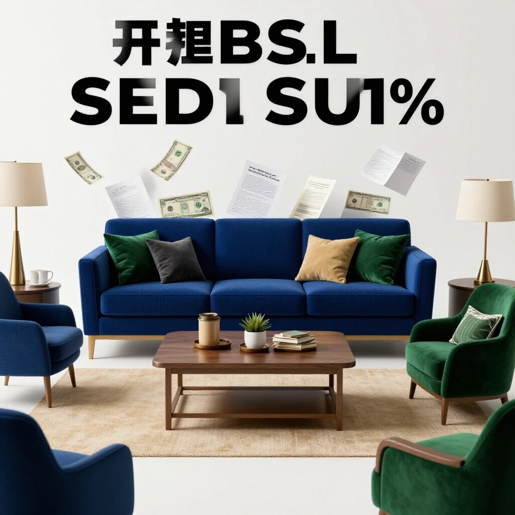 A beautifully staged living room with shadowy paperwork subtly emerging from furniture, symbolizing hidden home selling costs.