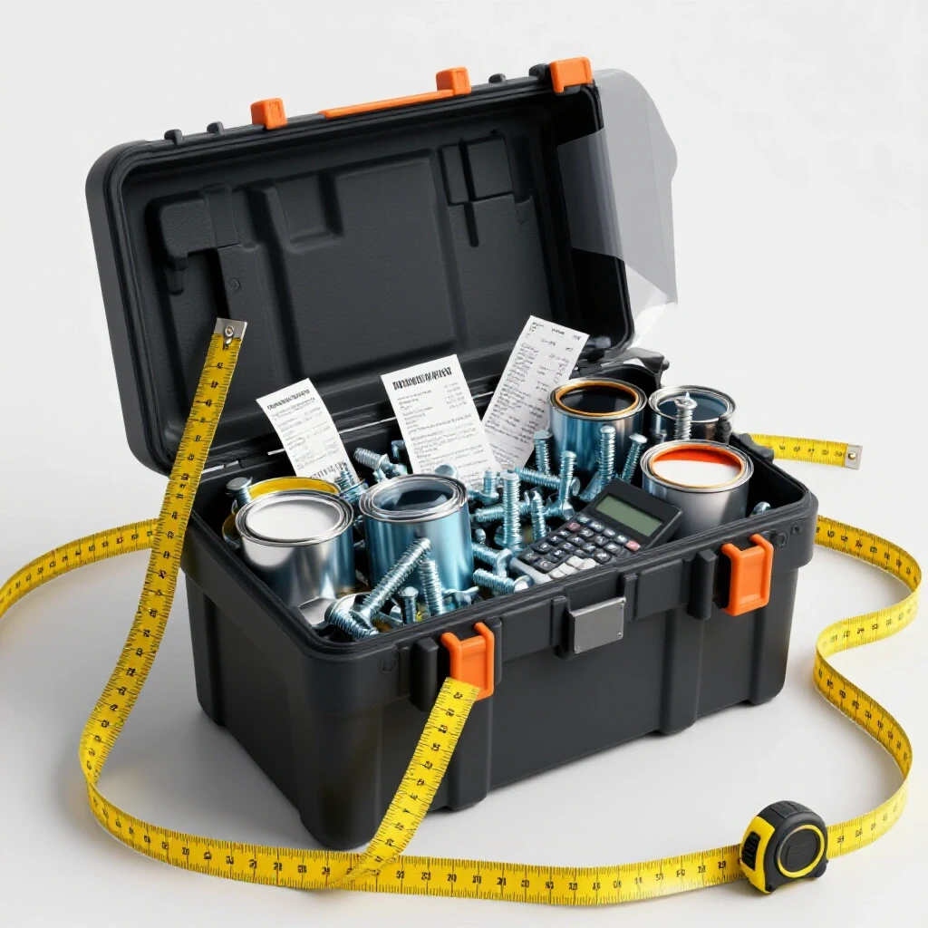 A vibrant toolbox overflowing with DIY supplies like bolts and paint cans, with a calculator hidden inside, symbolizing hidden costs.