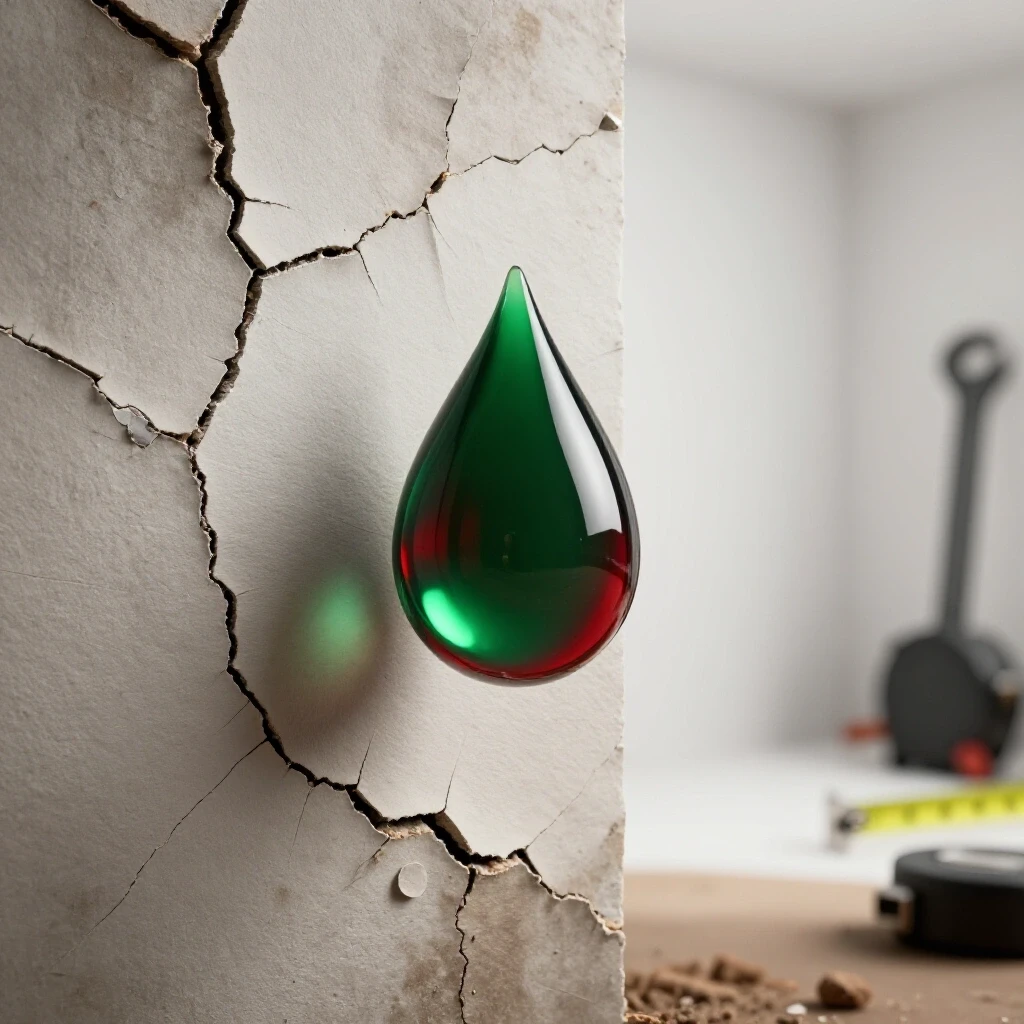 Close-up of a water droplet hovering above a cracked wall, with contrasting vibrant colors and subtle hints of tools in the background.