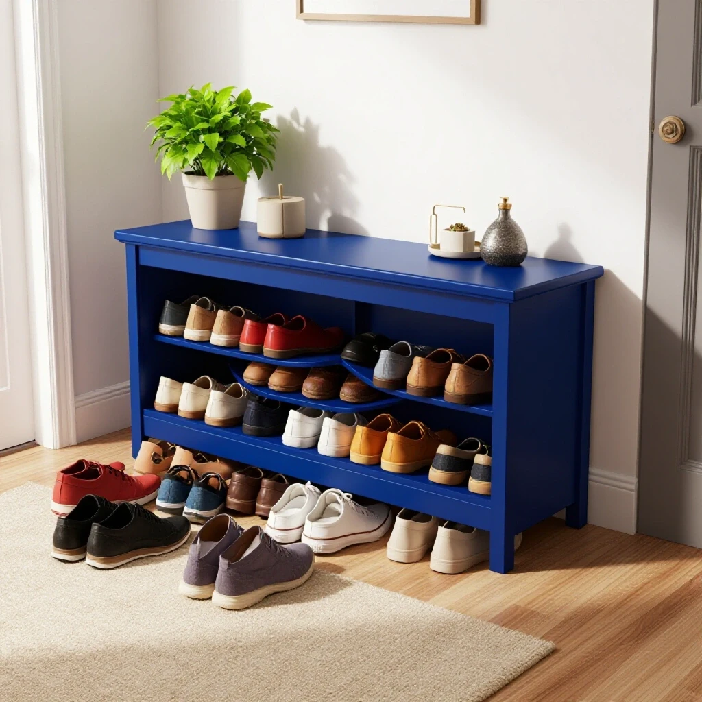 A stylish hidden shoe storage bench in a bright entryway, surrounded by a disarray of shoes and decorative elements.
