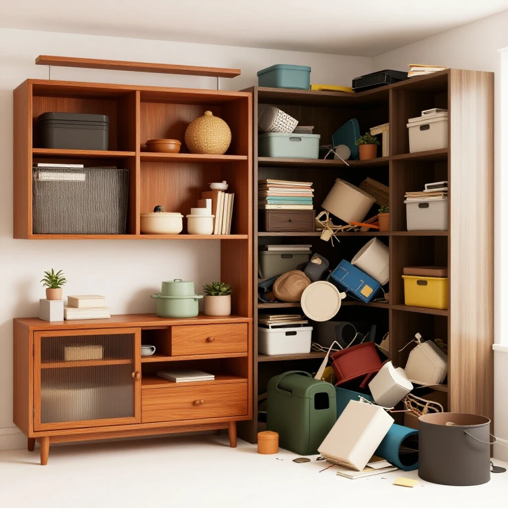A visually striking living space showcasing organized storage on one side and clutter on the other, highlighting hidden storage solutions.