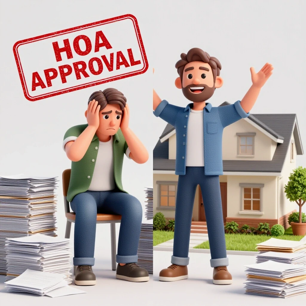 Contrasting image of a frustrated homeowner with paperwork and an enthusiastic renovator next to a completed home.