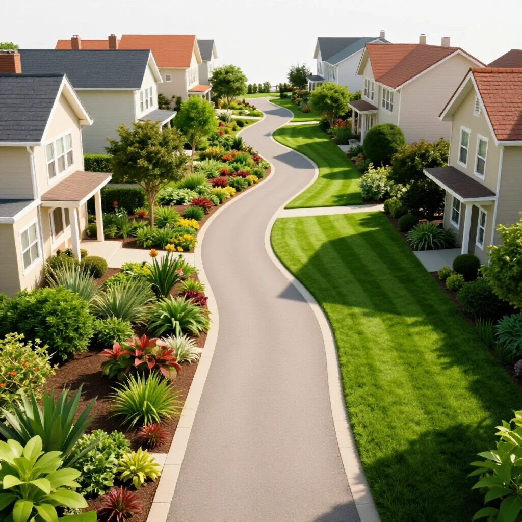 A winding path splits between chaotic gardens and manicured lawns, illustrating HOA rules in homeownership.
