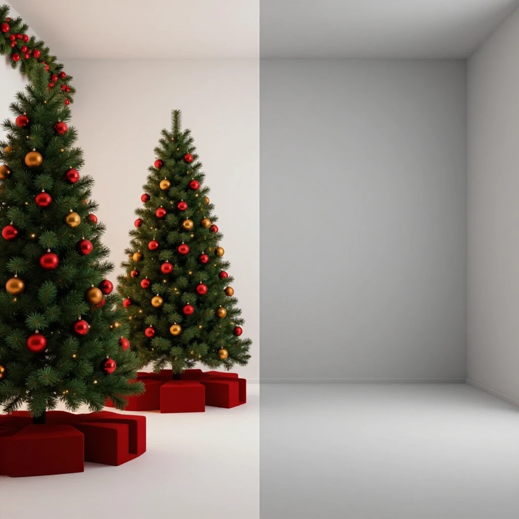 A striking contrast of a festively decorated room and a minimalistic side, showcasing holiday spirit and simplicity.
