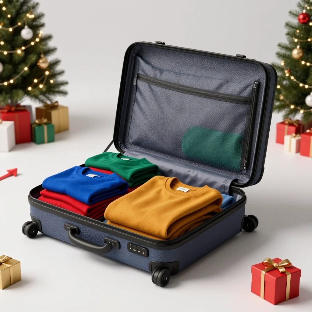 Open suitcase overflowing with vibrant clothing and festive decor in a cozy holiday setting.