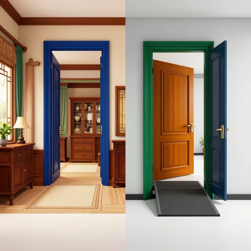 A split-screen design showing a traditional home interior with modern accessibility upgrades highlighting wide doorways and ramps.