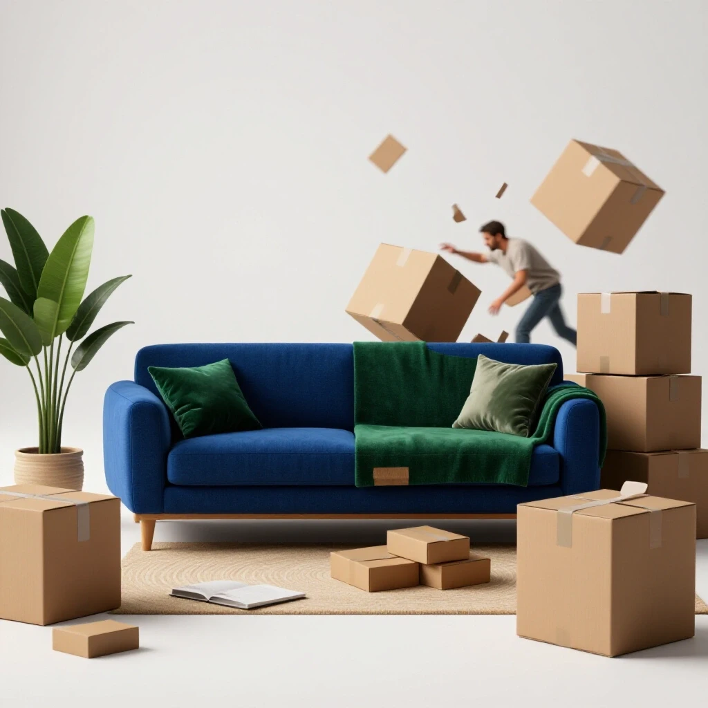 A cozy living space on one side transitions to a chaotic moving scene with boxes, creating a contrast of comfort and disarray.