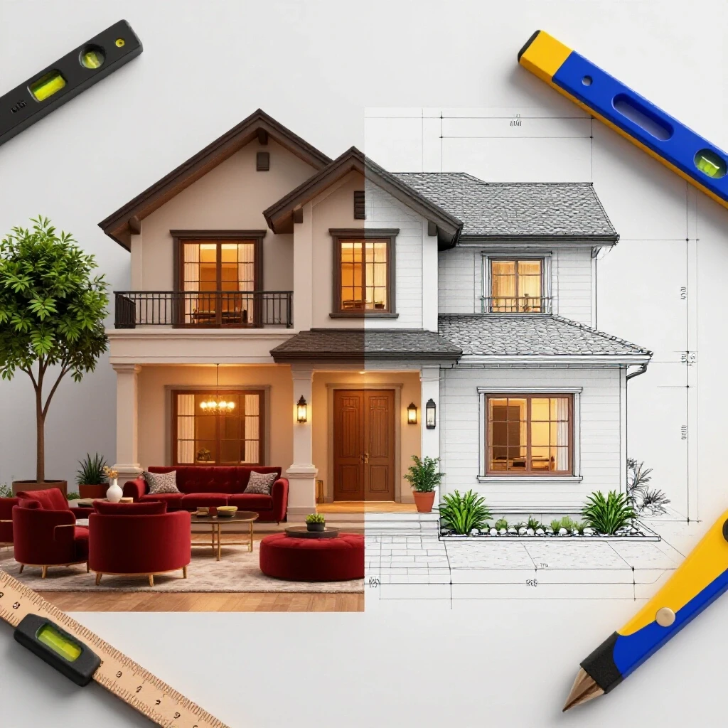A split image showing a beautifully finished home addition on one side and a construction blueprint with tools on the other, illustrating home project contrasts.