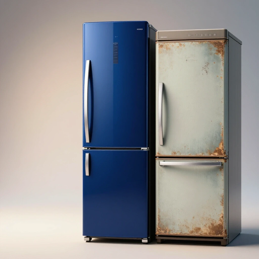 A split-image showing a shiny modern appliance on one side and an aged version on the other, illustrating durability vs. cost.