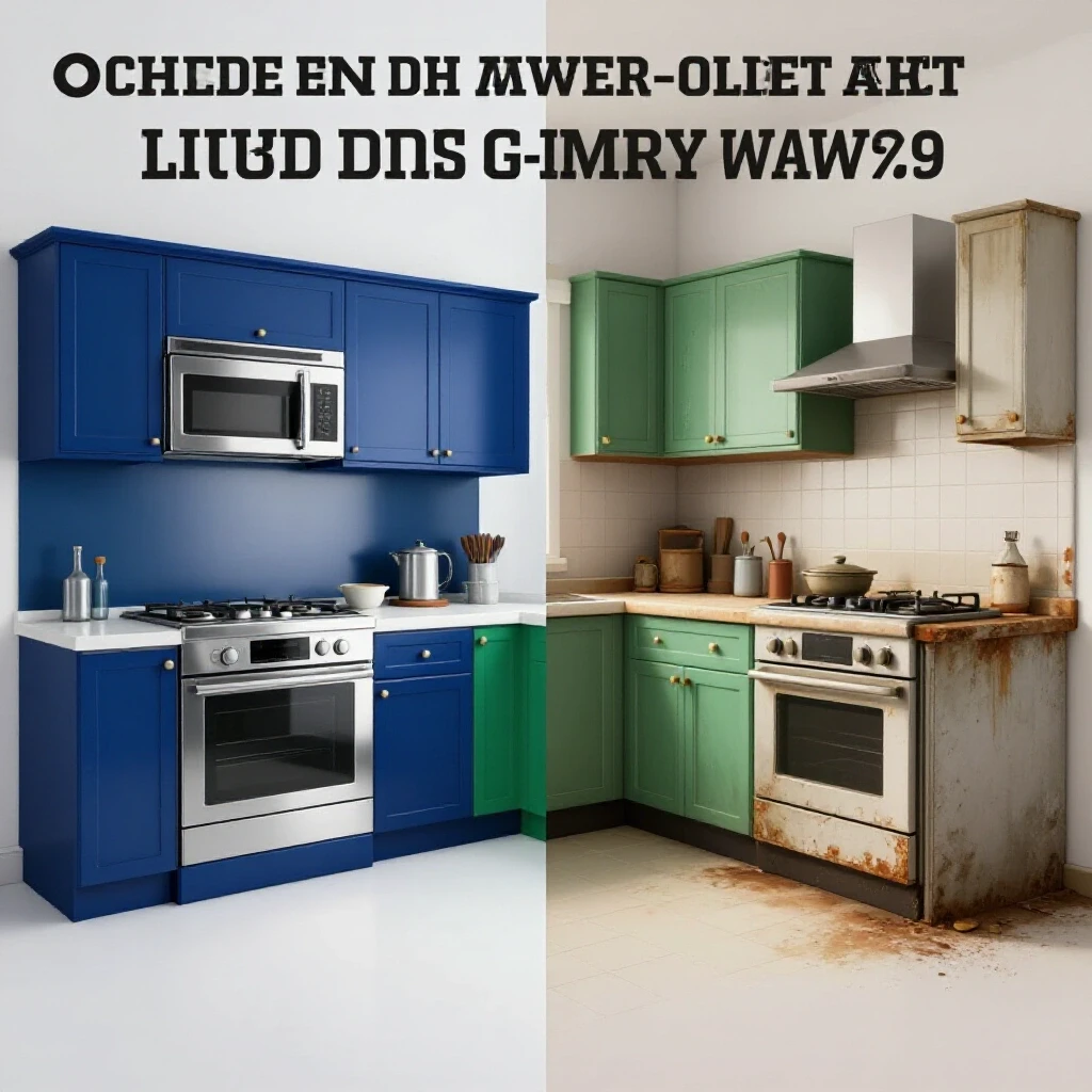 A split-scene image of a modern and a dated kitchen, highlighting the contrast between new and old appliances.