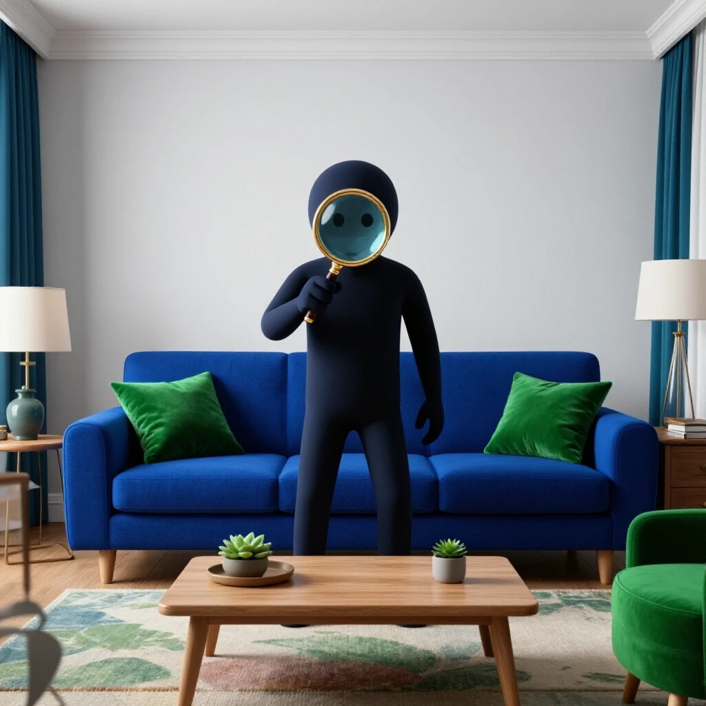 A cozy living room featuring rich colors and a mysterious figure with a magnifying glass, symbolizing home appraisal surprises.