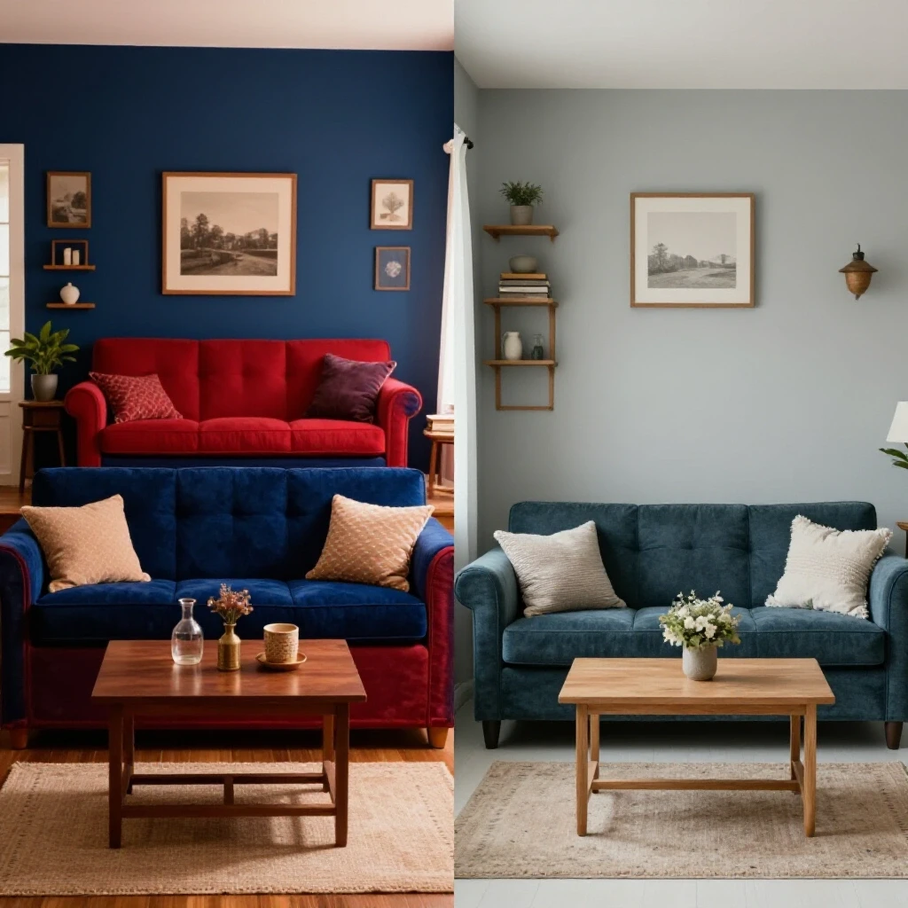A split-image showcasing a nostalgic living room from 10 years ago contrasted with a modernized version, highlighting the evolution of interior design.