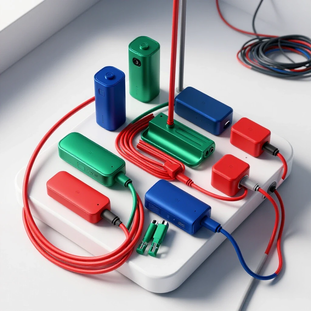 An organized home charging station featuring modern devices and vibrant cords on a bright background.