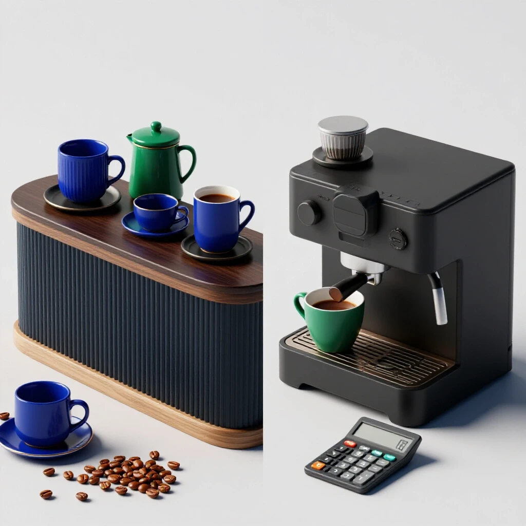 A stunning coffee bar scene showcasing a luxurious setup alongside a budget-friendly coffee station, featuring vibrant colors and inviting atmosphere.