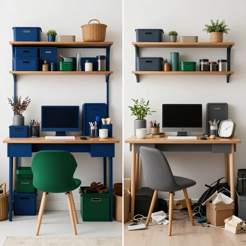 Split image of an organized versus cluttered home command center, highlighting effective organization principles.