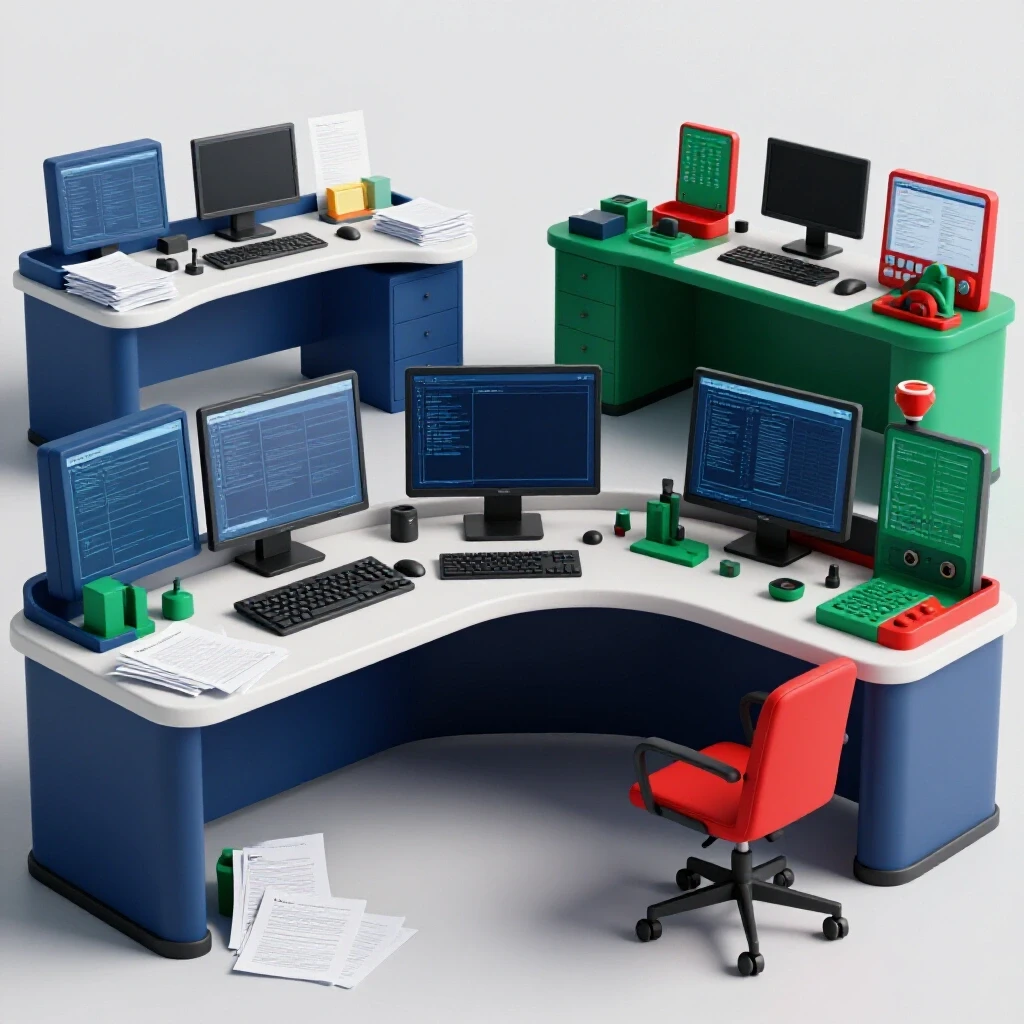A visually striking home command center juxtaposed with a chaotic desk, showcasing organization tools in rich colors.