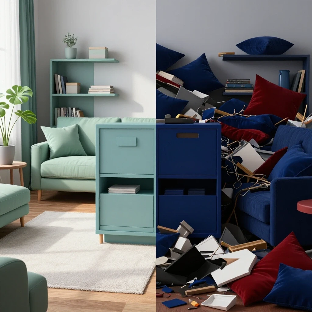 A visually striking comparison of an organized room filled with natural light on one side and a cluttered space in shadow on the other side.