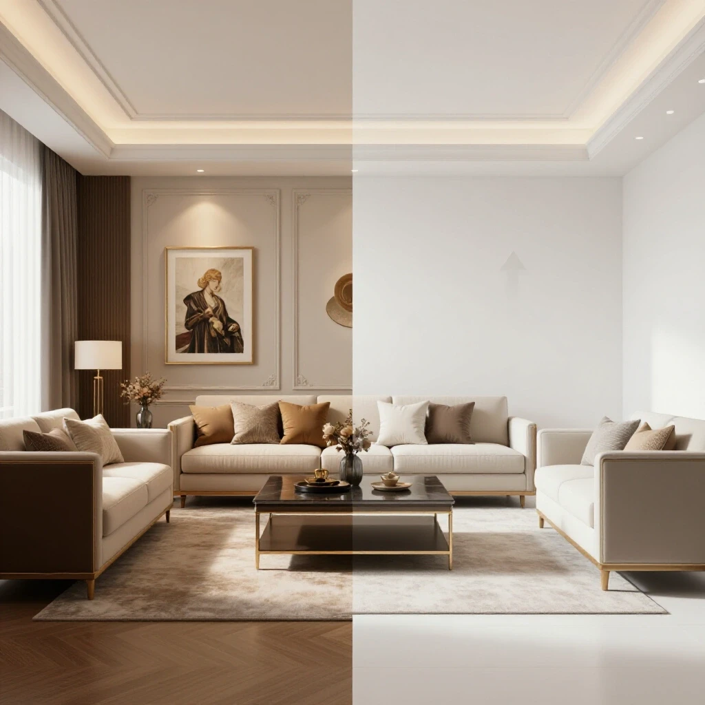 A side-by-side comparison of a stylishly decorated room featuring high-end decor versus a stark, basic version of the same space, highlighting decor choices.