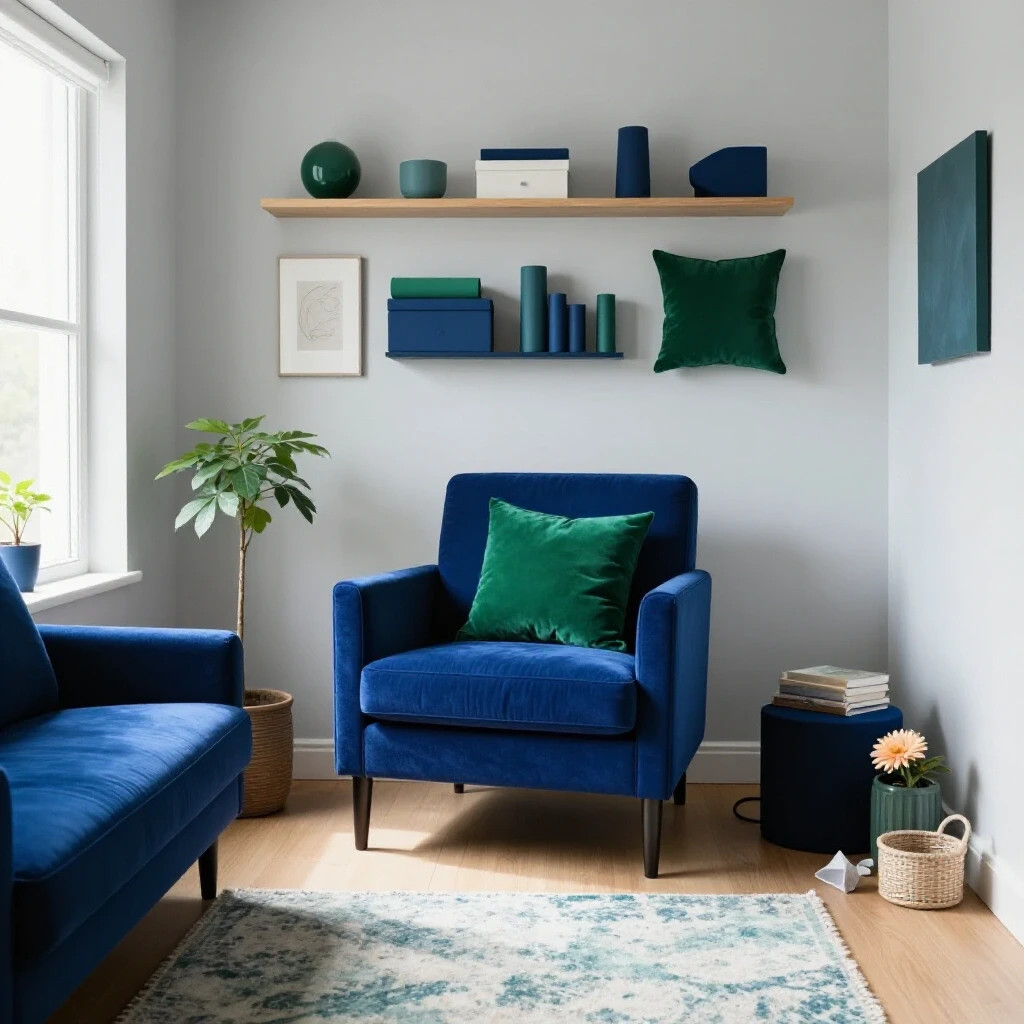 A beautifully organized home interior with a serene atmosphere, featuring rich colors against a bright background.