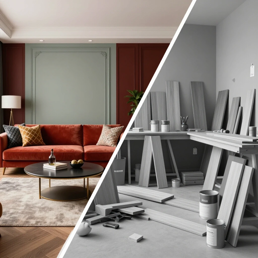 A vibrant living room contrasted with a grayscale cluttered workshop, illustrating home decor material price trends.