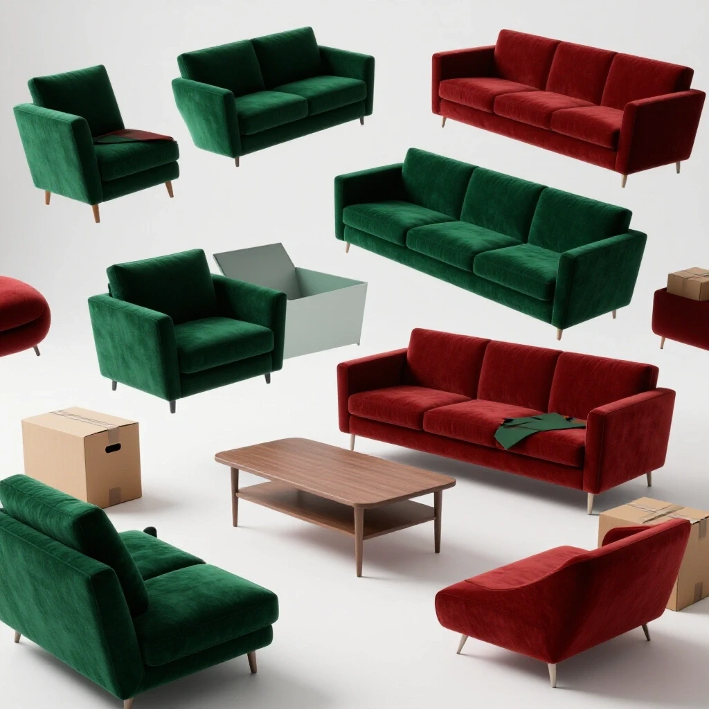 A bright, 3D-rendered image of a partially disassembled living room showcasing floating furniture and packing boxes in rich colors.