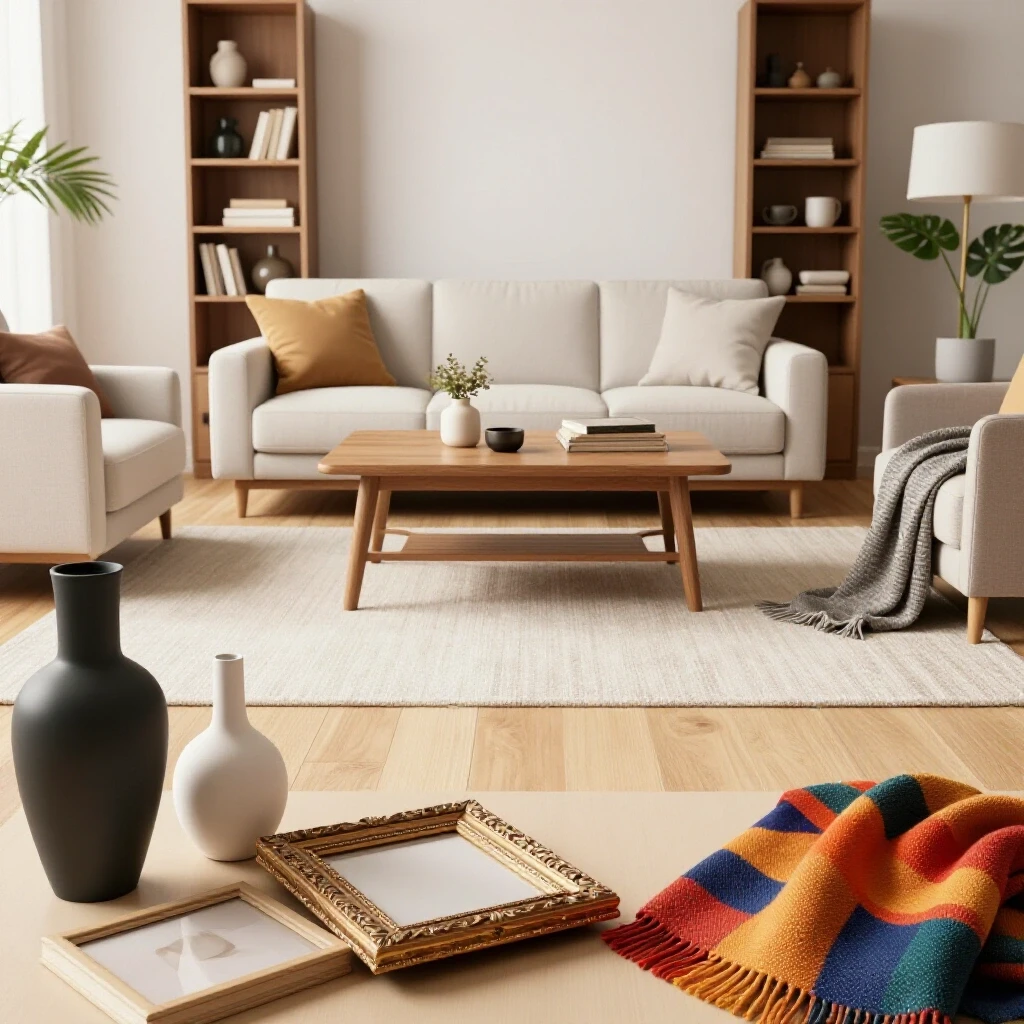 A thoughtfully styled living room featuring mismatched decor items, creating a sense of reflection on home furnishing choices.
