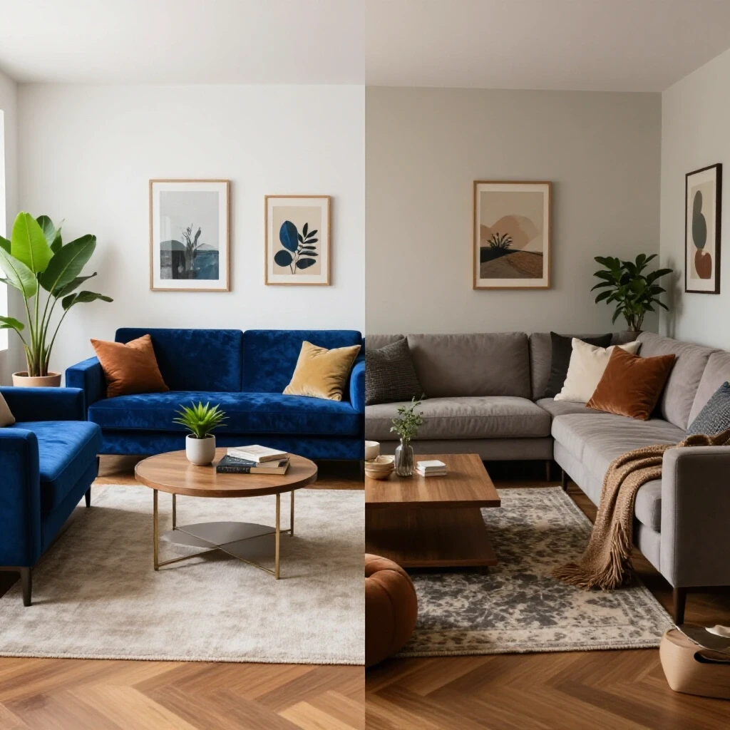 A split-image comparing a beautifully styled room with a velvet sofa against a cluttered decor setup, highlighting design contrasts.