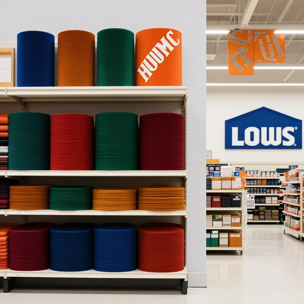 A split image showcasing the interiors of Home Depot and Lowe's, highlighting vibrant displays and contrasting store styles.