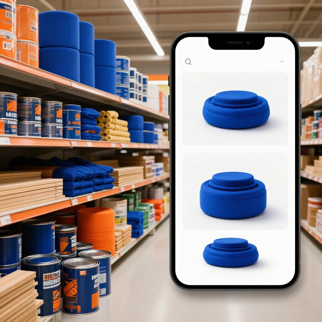 A contrasting split-image of a vibrant Home Depot store against a minimalist online shopping experience for DIY projects.