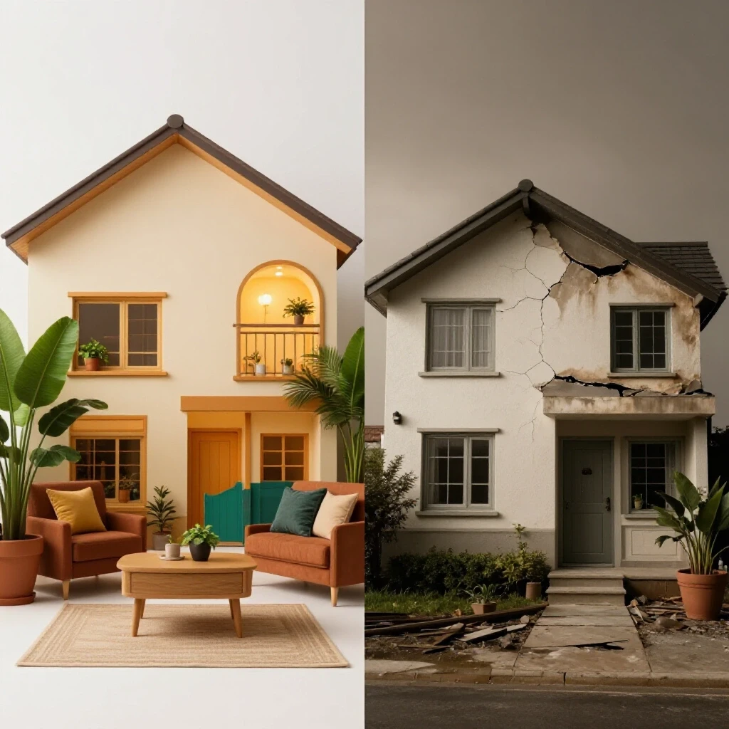 A split image of a cozy home contrasting with a disordered home highlighting common issues.