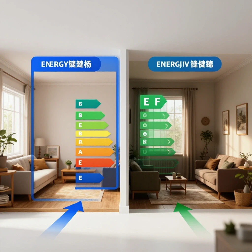 A split image showing a bright, upgraded home interior with energy-efficient features contrasted with a dim, outdated space, illustrating before-and-after energy audit results.