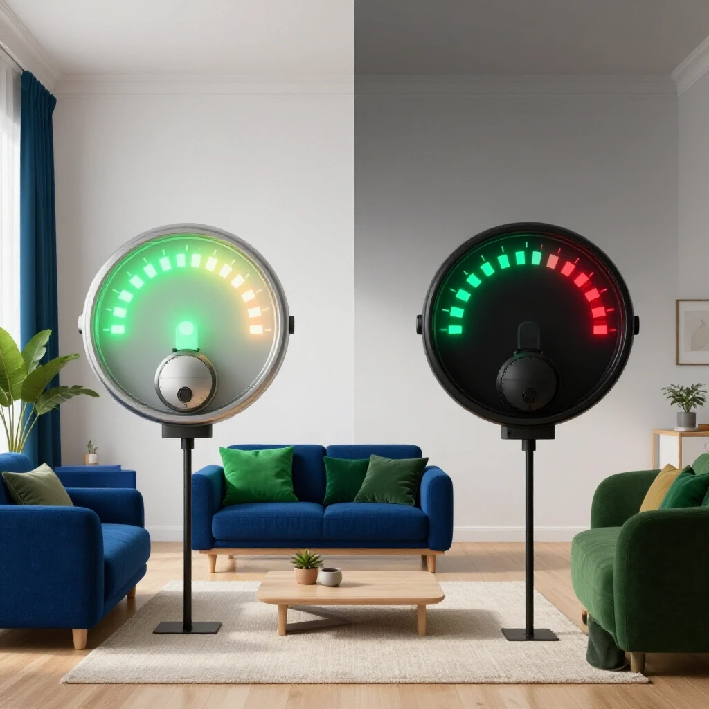 A split-screen image showing a well-lit home on one side with a glowing energy meter and a dark, energy-wasting home on the other side.