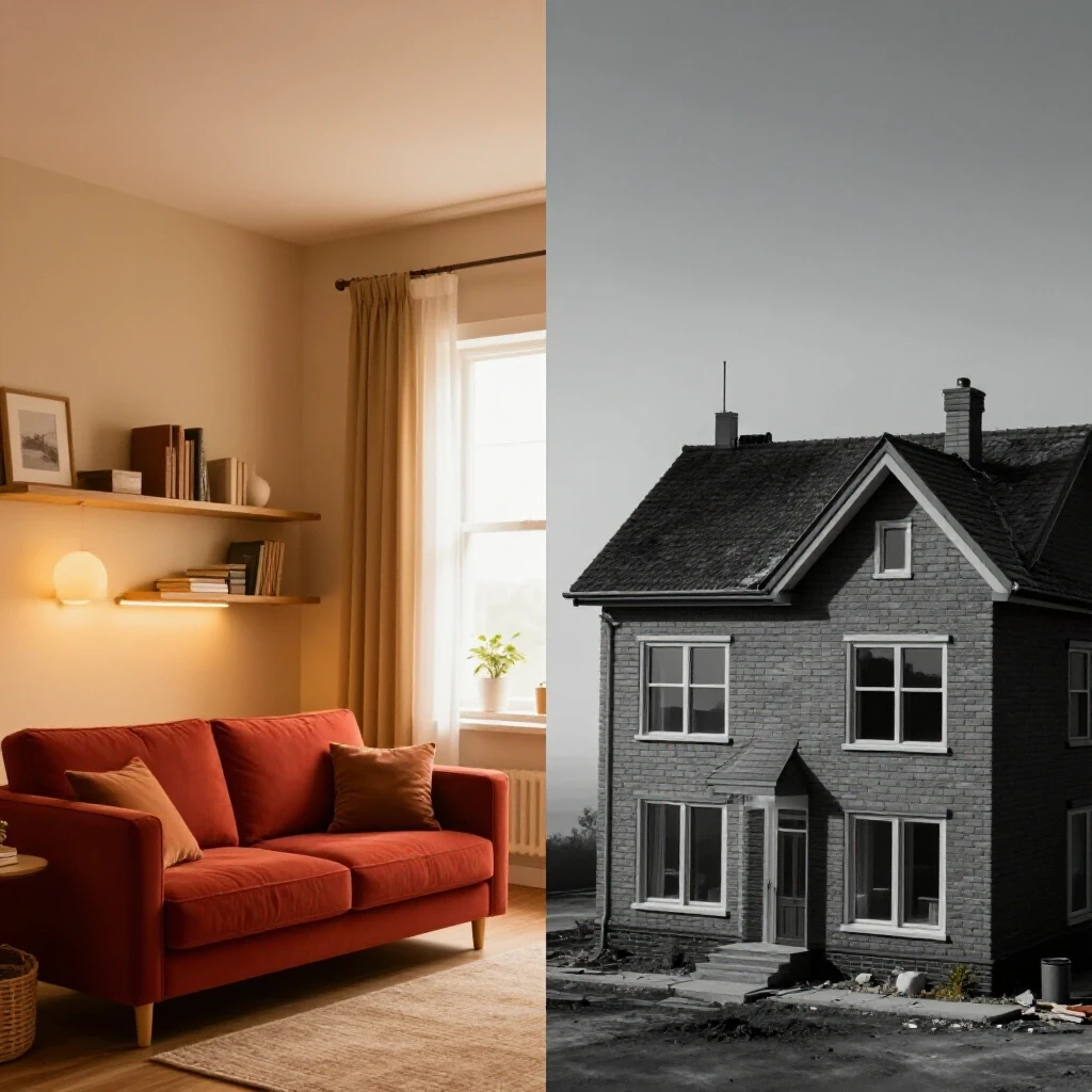 A split-image showing a cozy, energy-efficient home contrasted with a dark, energy-wasting home, emphasizing efficiency.
