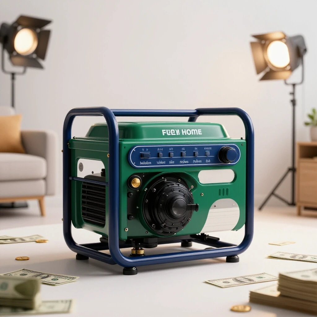 A modern home generator in a cozy living space, surrounded by dollar bills and warm lighting, symbolizing installation costs.