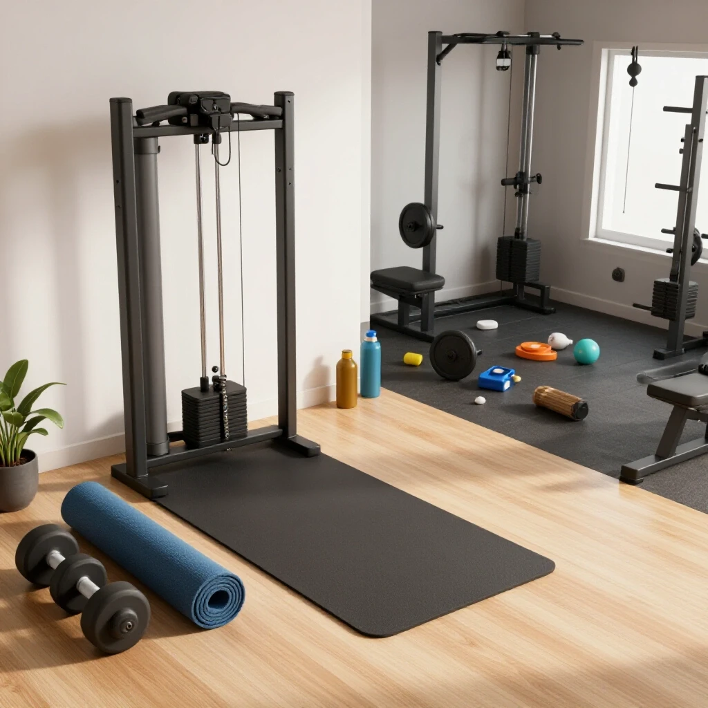A stark comparison of a neat home gym setup against a messy workout space, highlighting budgeting themes.