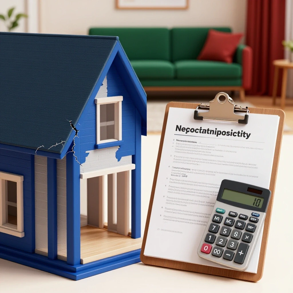 A split scene showing a home inspection magnified view with highlighted issues and a clipboard with negotiation notes in a cozy living room setting.
