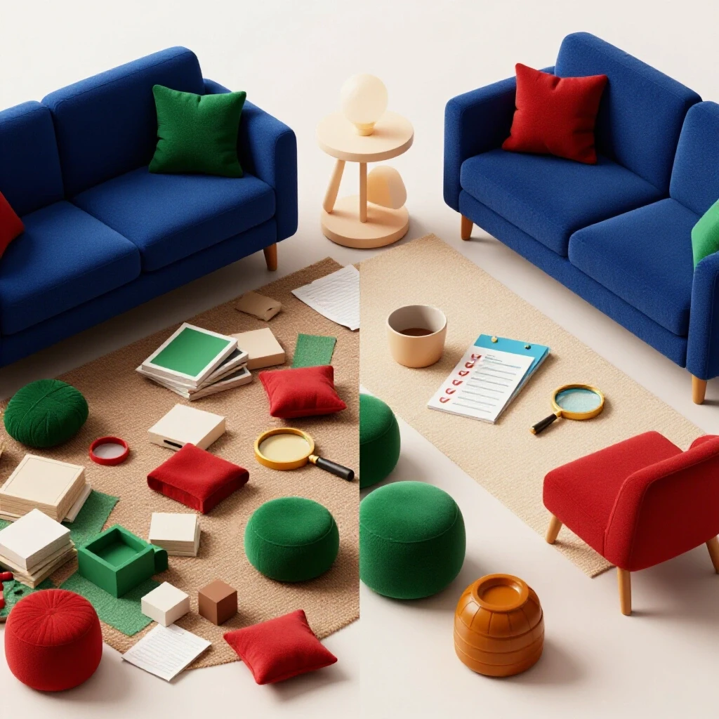 A split image showing a cluttered living space transitioning to an organized area, with inspection tools subtly integrated.