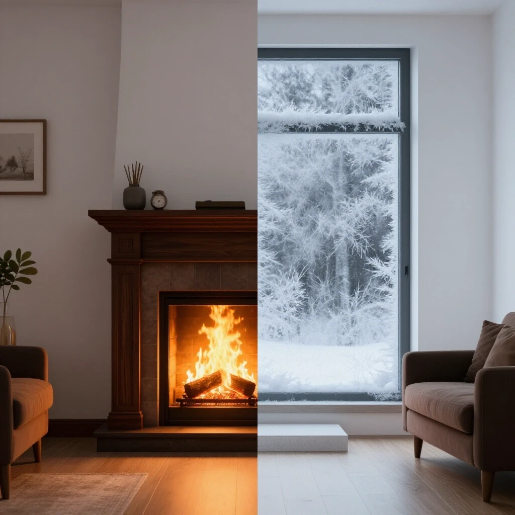 A split-screen image showing a warm interior with a fireplace and a cold exterior with frost on the window, illustrating insulation impact.