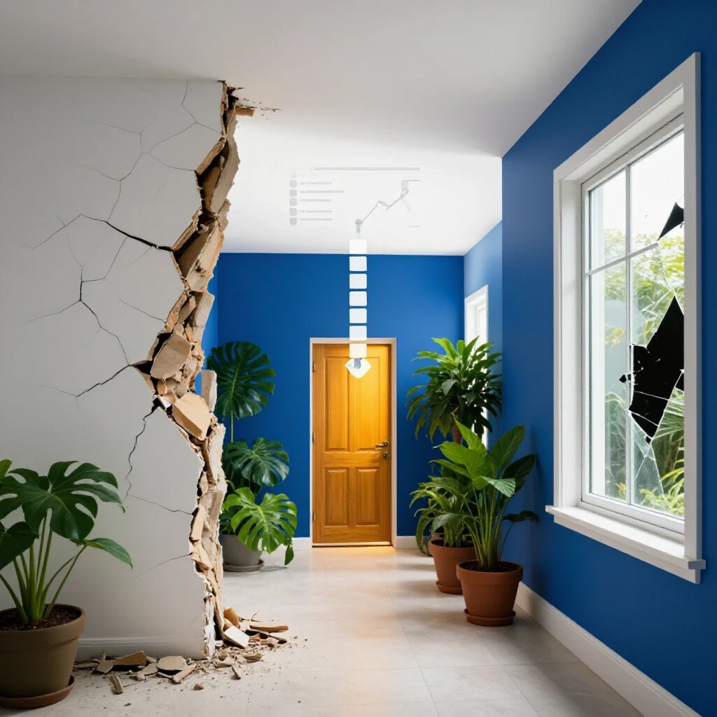 A visually striking image showcasing a damaged home corner with cracked wall and broken window contrasted against a beautifully restored home area, symbolizing recovery.