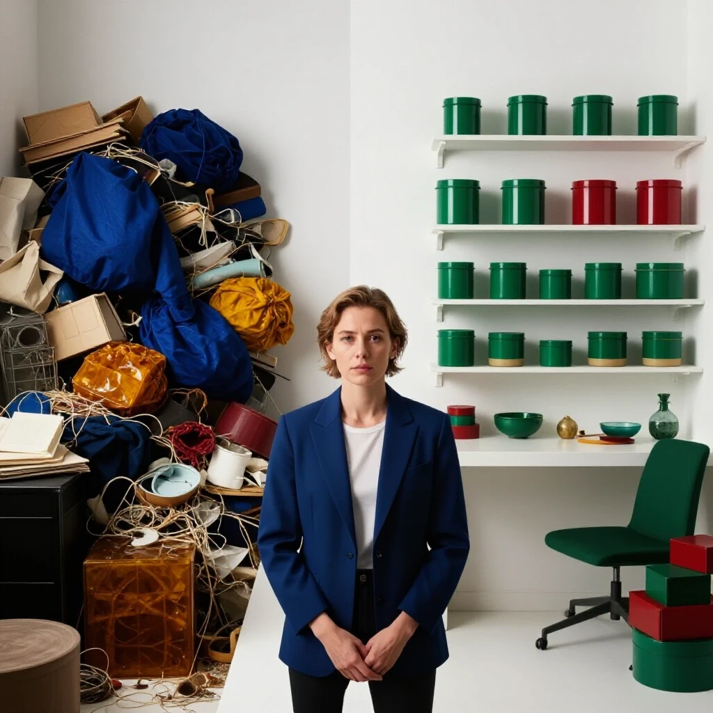 A striking visual comparison of a cluttered room on the left and an organized space on the right, showcasing a transition from chaos to tidiness.