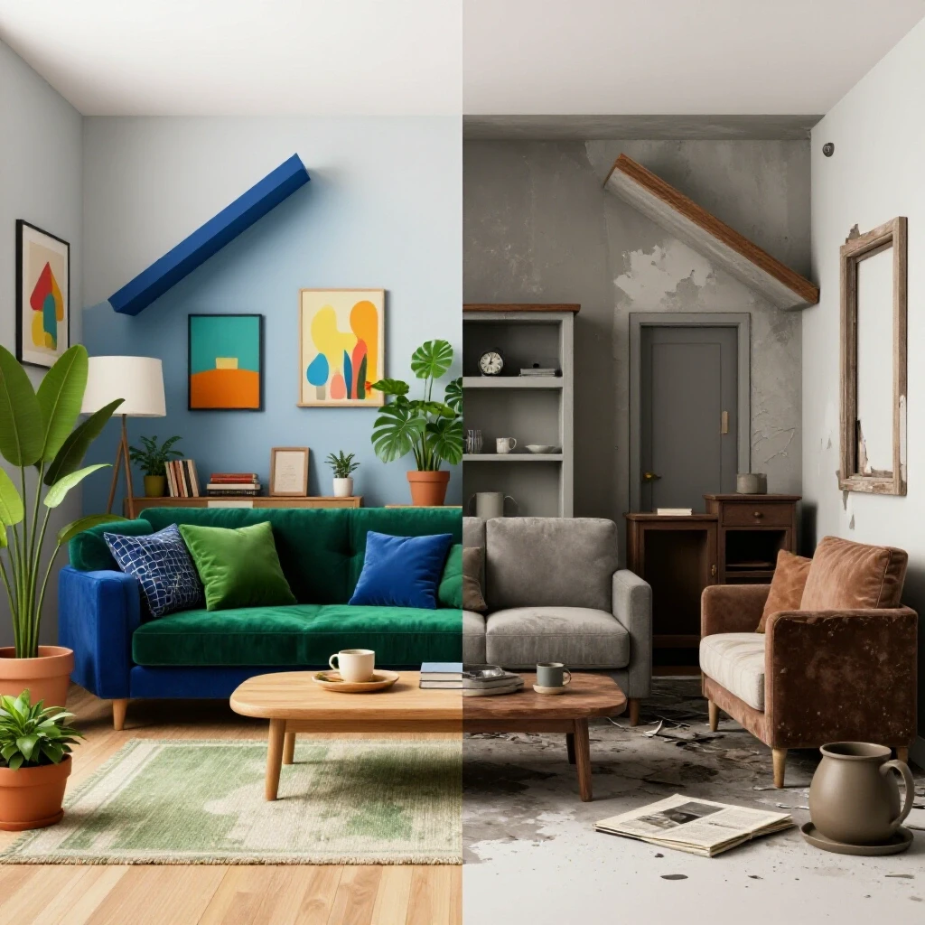 A split 3D-rendered image showing a vibrant, well-maintained home contrasted with a neglected space, highlighting home maintenance costs.