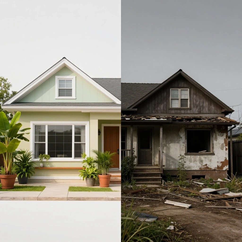 A contrasting split image of a vibrant, well-maintained home and a dilapidated, neglected home to highlight maintenance importance.