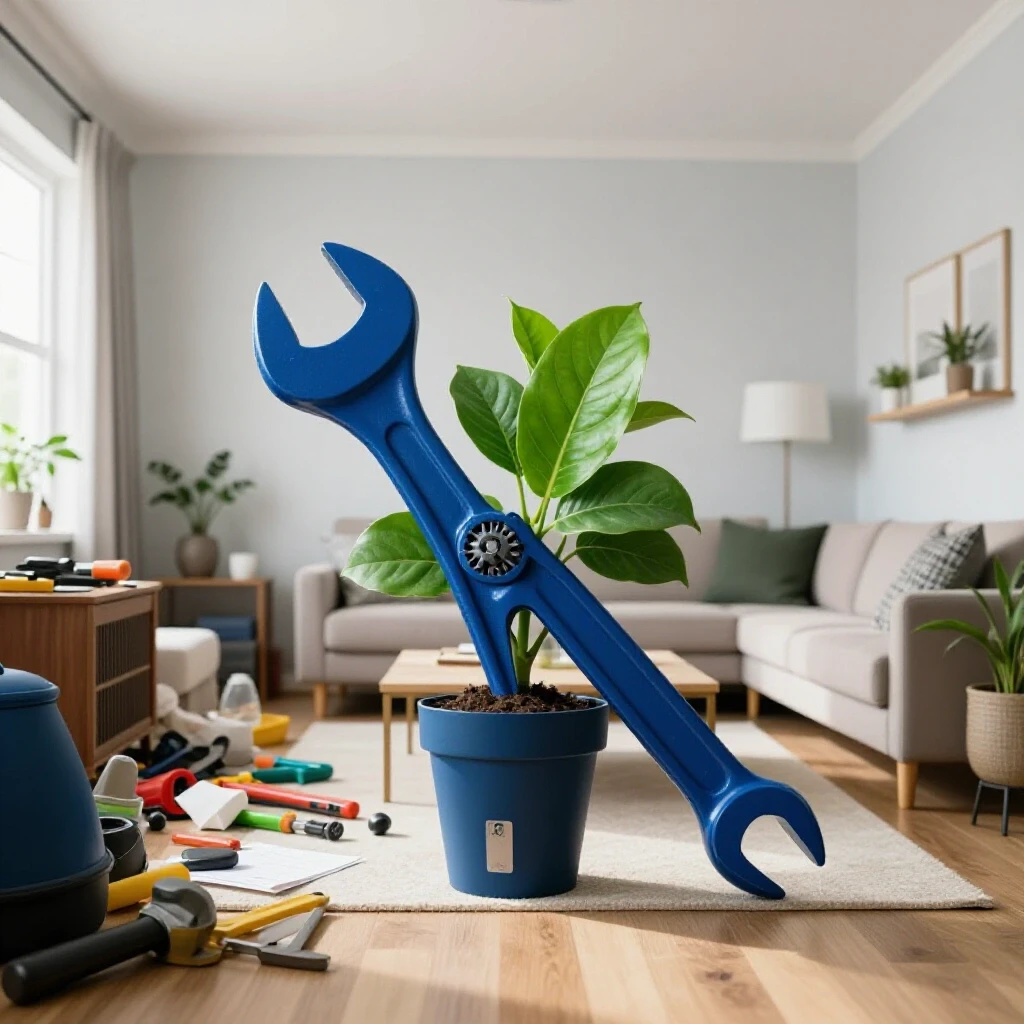 A visual metaphor of home maintenance transformation, showcasing a split image of chaos and serenity with a wrench turning into a blooming plant.