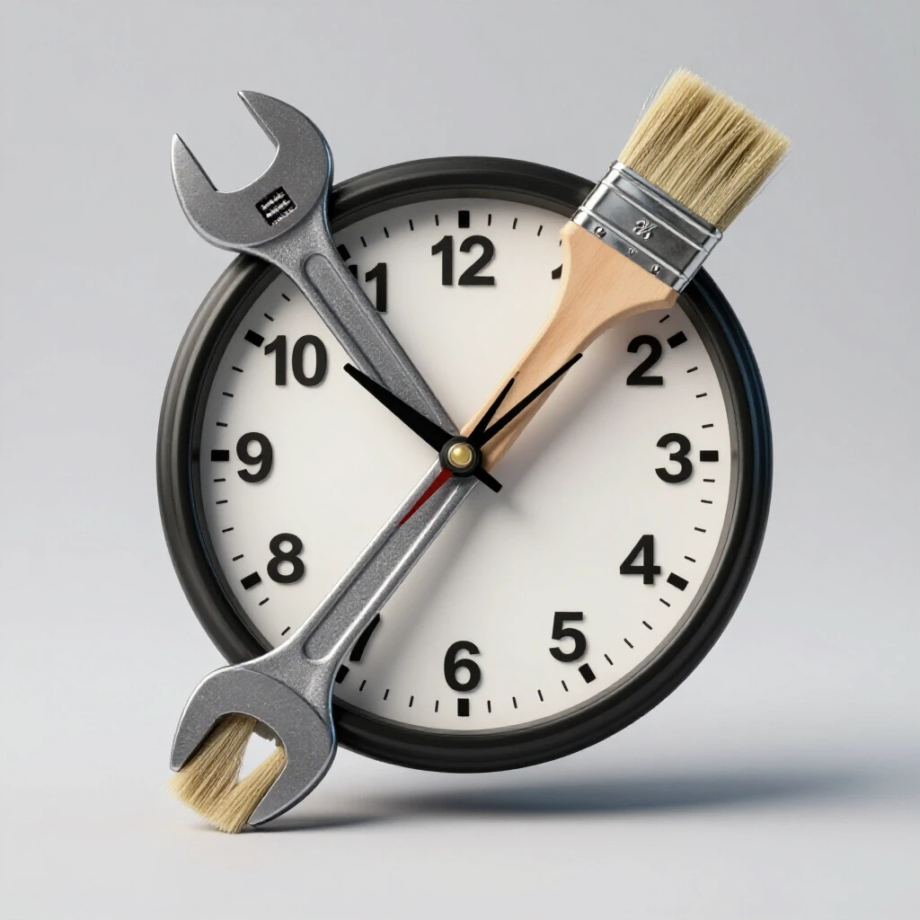 A vibrant composition featuring a clock with a wrench and paintbrush, symbolizing time management in home maintenance.