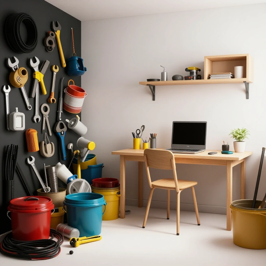 A transformation image showing a chaotic maintenance corner merging into a serene organized space with tools.