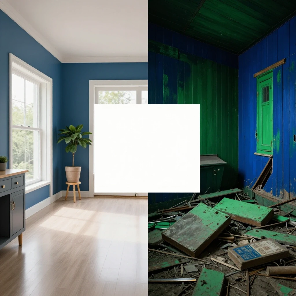 A split image showing a well-maintained home contrasted with a chaotic scene of neglected maintenance issues.