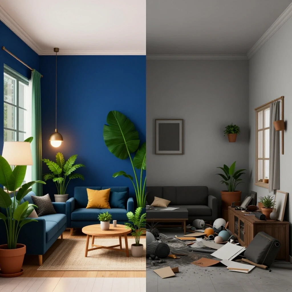 A split view of home interiors; one side cozy and vibrant, the other cluttered and dark, illustrating home maintenance contrast.