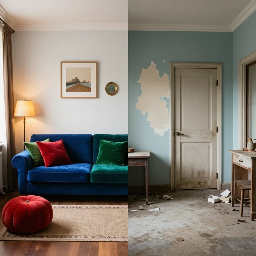 A split scene showing a vibrant, cozy interior contrasted with a neglected, cluttered space, highlighting home maintenance differences.