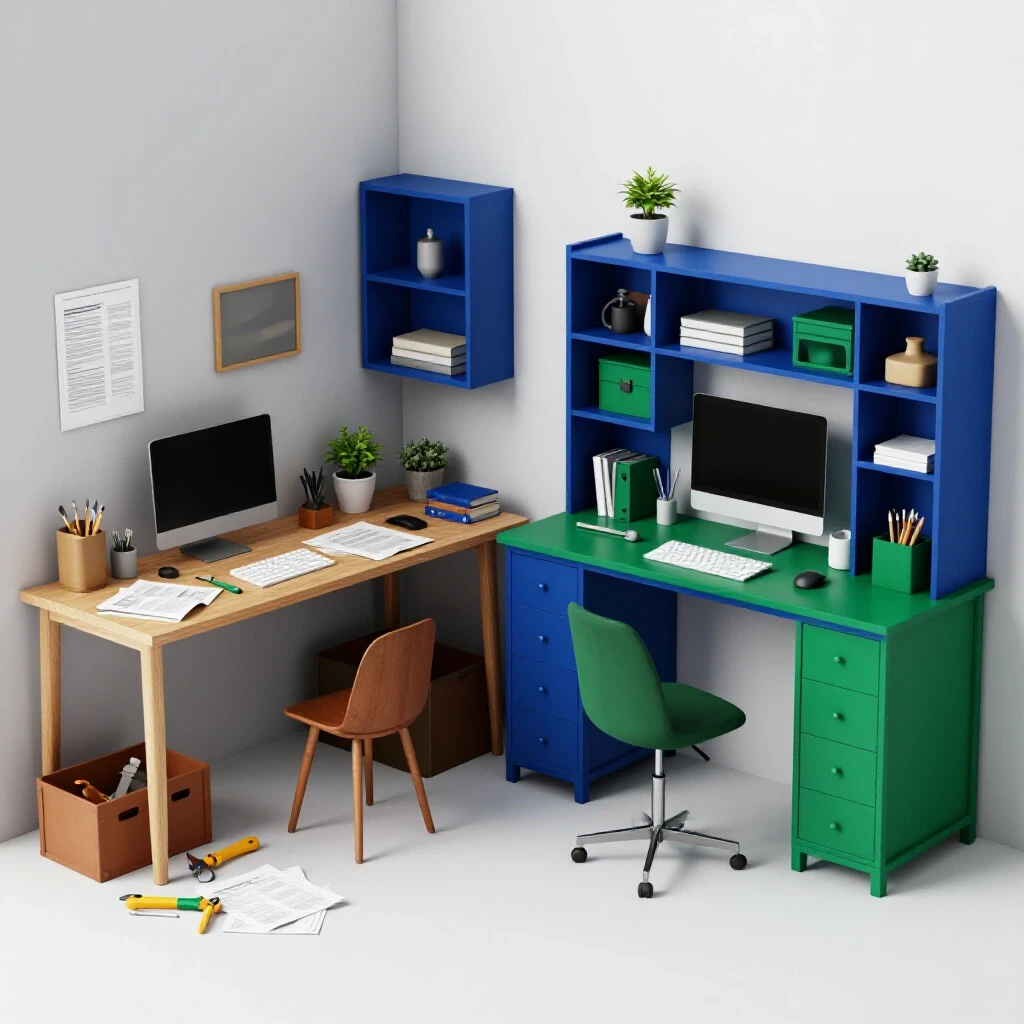 An organized home office setup contrasted with a cluttered corner, showcasing vibrant DIY supplies and tools.