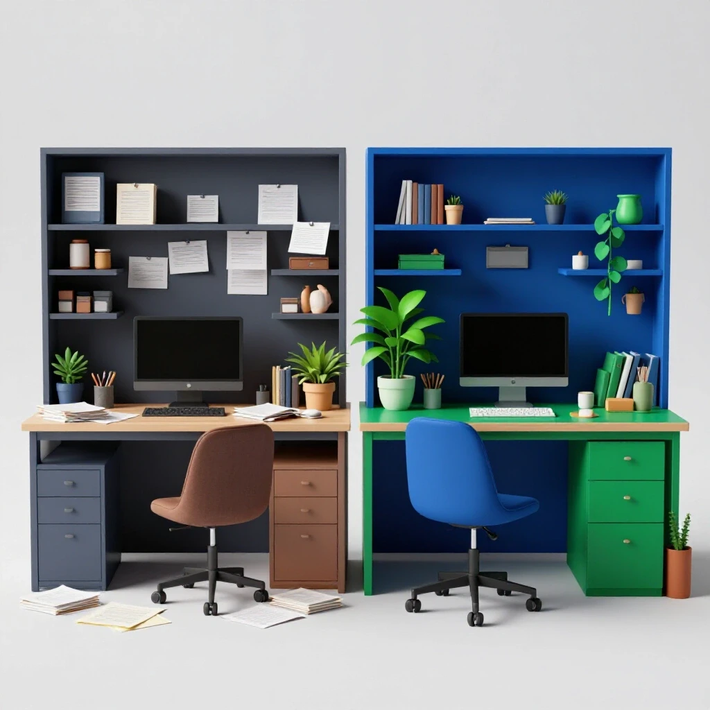 A side-by-side comparison of a cluttered home office and a beautifully organized workspace, emphasizing transformation and productivity.